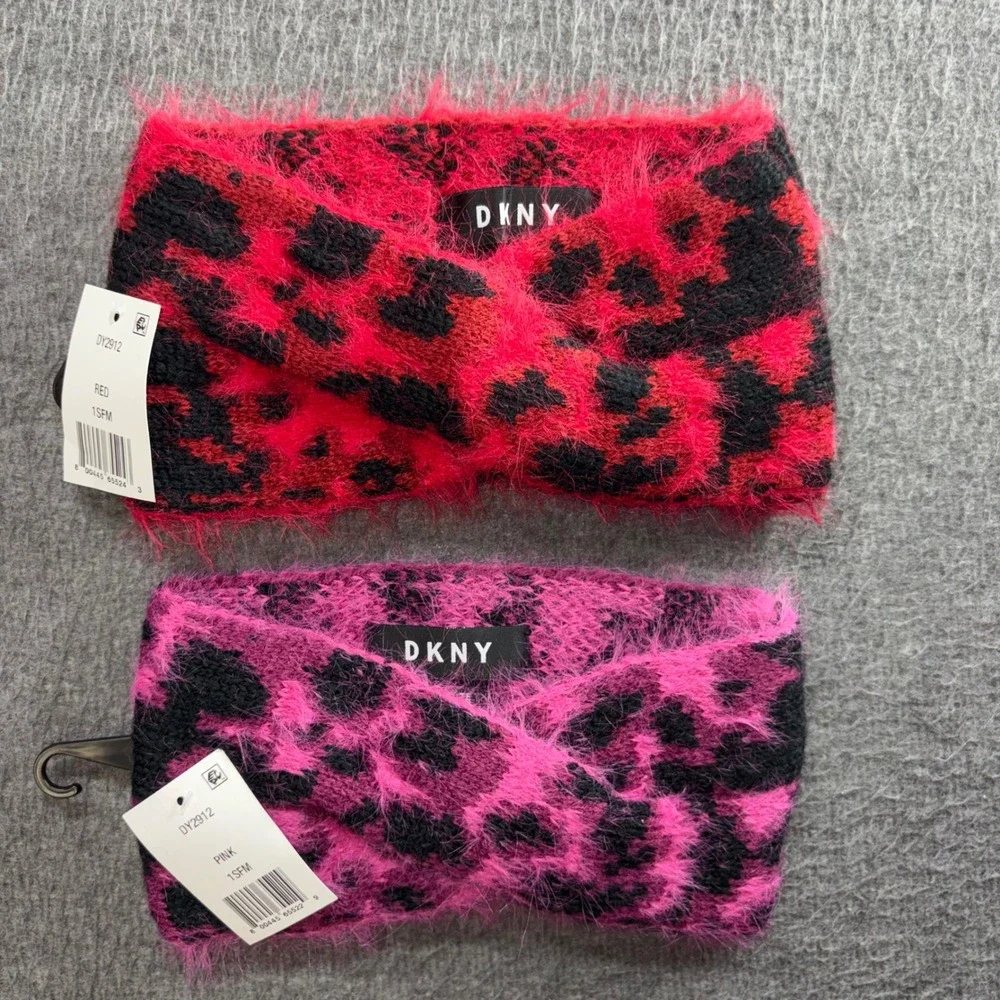 DKNY 2 Pack Leopard Print Fuzzy Headbands Red Pink Twisted Ear Warmer DY2912 NWT